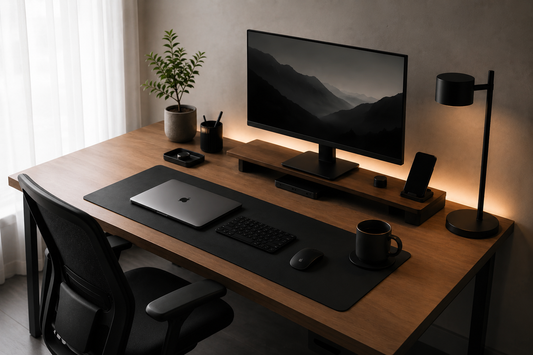 Ergonomic desk setup with transparent keyboard riser and organized workspace