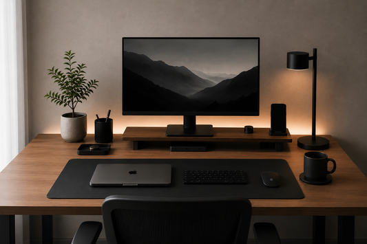 Clean desktop with organized cables and wood cable organizer on a home office desk
