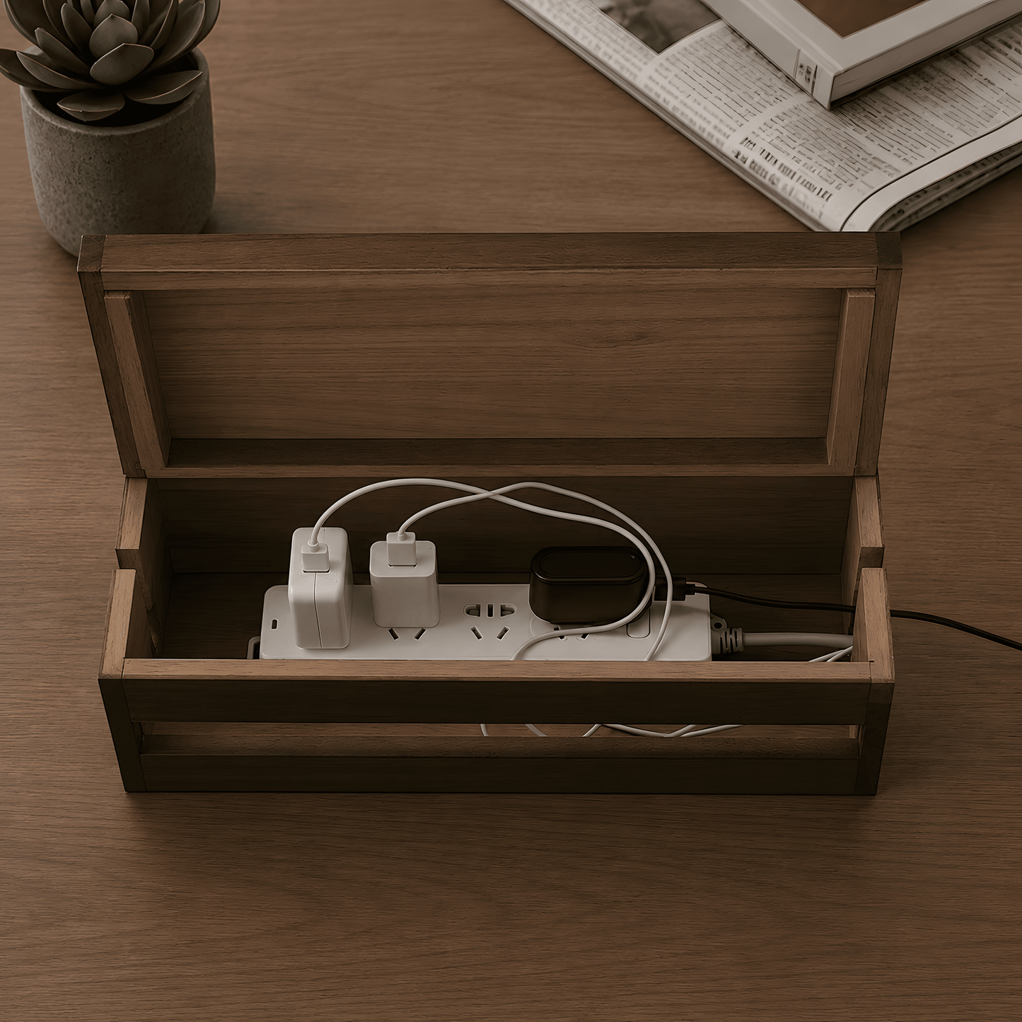 Wooden Cable Manager Box — alternate product angle | Rekayro